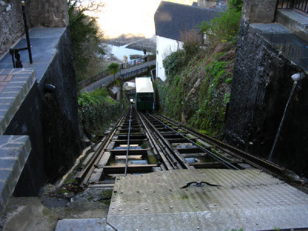 Looking down the Lynton & Lynmouth Cliff Railway from the upper station