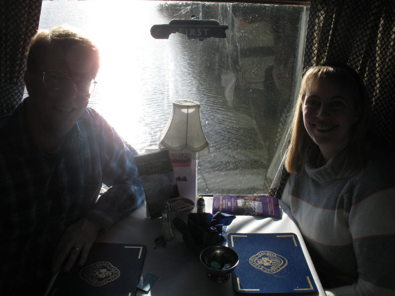 Stephen and Lucy in the first class dining carriage, Swithland Reservoir from Swithland viaduct, Great Central Railway