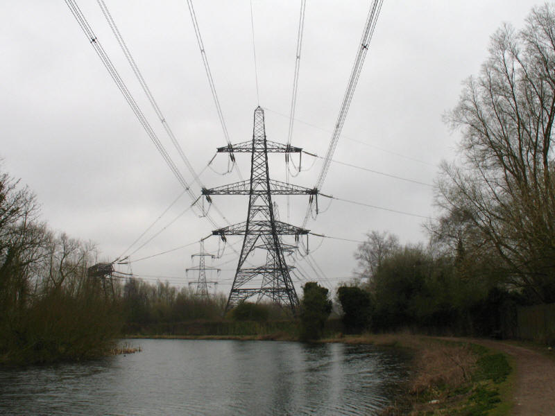 Electricity pylons going to Hoddesdon power station by the River Lee Navigation