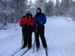 Lucy and Stephen cross-country skiing during a holiday in north-west Finland